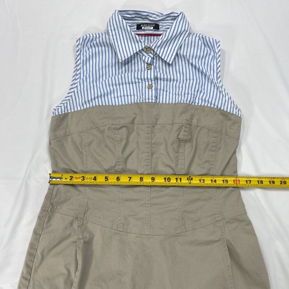 Jean Paul Berlin Sleeveless Khaki‎ Midi Dress Womens 10 Blue White Striped Top - Picture 6 of 14